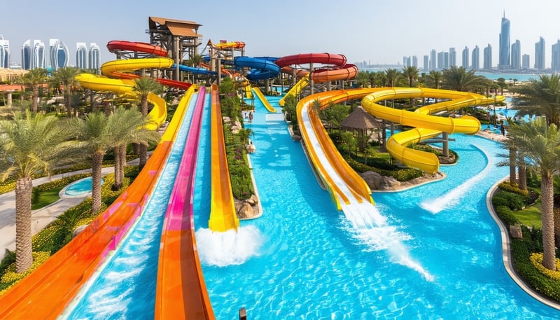 Aerial view of Aquaventure World Dubai showing waterslides and pools Aerial view of Aquaventure World Dubai showing waterslides and pools
