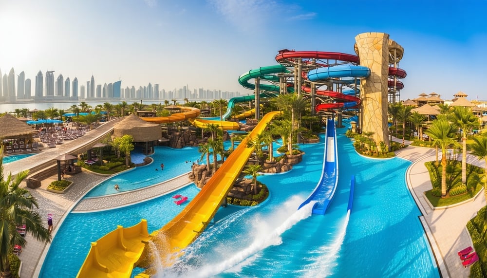 Aerial view of Aquaventure World Dubai showcasing water slides and pools Aerial view of Aquaventure World Dubai showcasing water slides and pools